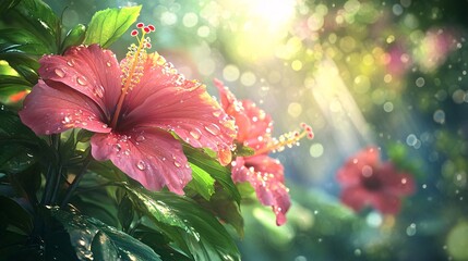 Beautiful Hibiscus in Rain with Bokeh