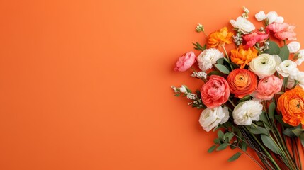 A colorful bouquet composed of various flowers resting against a bright orange background, exuding vibrancy, joy, and the beauty of nature in a stunning display.