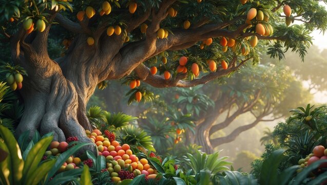 Displaying ancient mango tree spreading roots in tropical orchard at dawn, with hanging ripe fruits - Powered by Adobe
