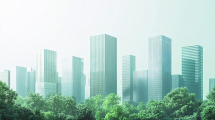 A minimalist cityscape where angular skyscrapers are juxtaposed with soft, flowing green spaces. 