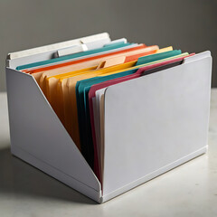 Colorful files organized in white holder on a neutral surface top