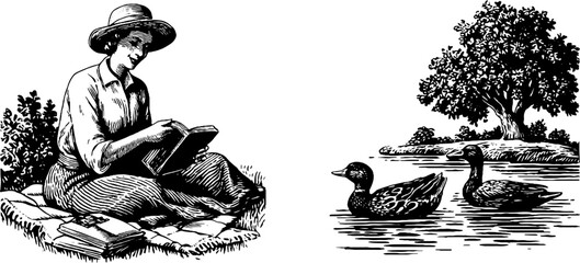 Engraved illustration of teacher reading by riverside with ducks and tree