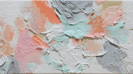 Abstract painting with fresh mint, grey, and pale coral colors creating textured brush strokes on canvas, evoking soft and calming artistic expression