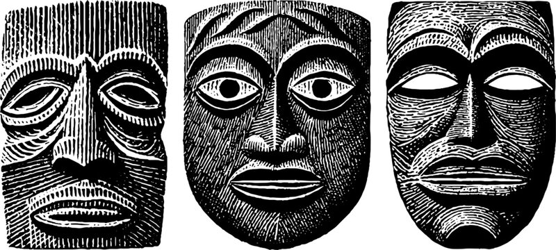 Tikar ceremonial masks engraved illustration set for cultural art and design projects