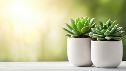 This image features two beautiful succulent plants potted in sleek white containers, set against a soft, natural background, evoking a sense of tranquility and minimalism.