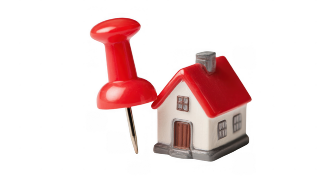 Large red push pin stands beside a miniature house with a red roof and a gray base. Indicating a location or selection on a transparent background. Ideal for real estate or location based concepts - Powered by Adobe