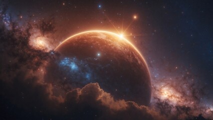 Fototapeta premium Revealing rocky planet rising above nebula clouds in space, with bright star and spiral galaxies