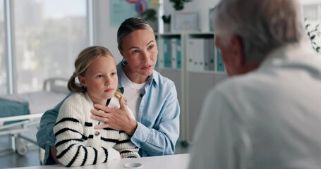 Mother, child and consultation with pediatrician in doctors office for chest pain diagnosis. Parent, kid and talking to medical worker for help with symptoms, breathing problem and healthcare checkup - Powered by Adobe