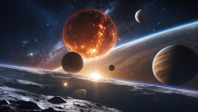 Featuring cosmic cluster hovering above rocky terrain, with fiery star, gas giant, cratered moon