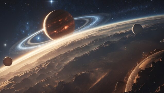 Orbiting ringed gas giant displaying glowing orange bands above barren surface, with smaller moons