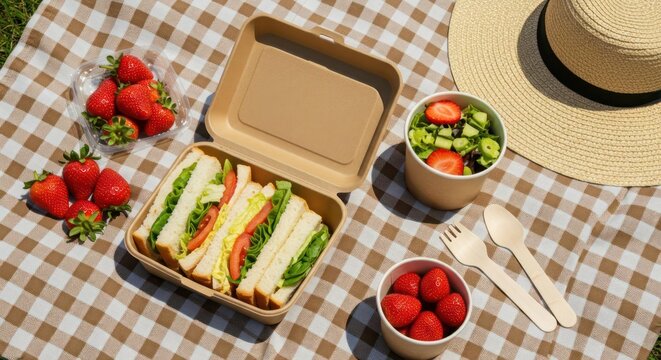 Delightful picnic with fresh sandwiches, salad, and vibrant strawberries outdoors - Powered by Adobe