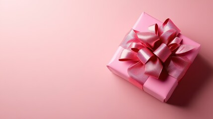 A beautifully wrapped pink gift box adorned with an elegant bow, set against a soft pink background, symbolizing celebration, love, and special moments shared with loved ones.
