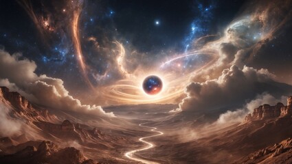 Hovering dark sphere emitting swirling rings above rocky canyon valley, glowing river and nebulae