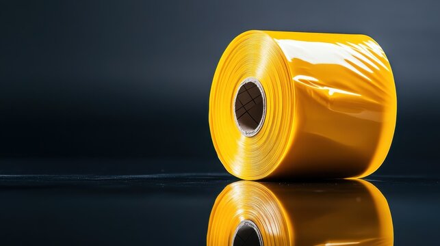 A vibrant roll of yellow packing tape showcases its glossy finish on a dark reflective surface, representing efficiency and organization in packing tasks.