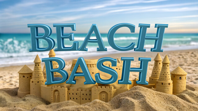 3D 'beach bash' with blue wave-shaped text over a golden sandcastle background.

