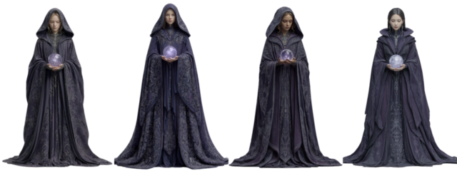 Mysterious Figure in Dark Cloak Holding Crystal Ball in Varying Poses