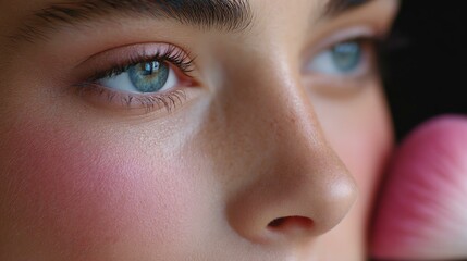 Naklejka premium authentic daily beauty Close-up of a young woman's face showcasing natural beauty, radiant skin, and mesmerizing blue eyes.