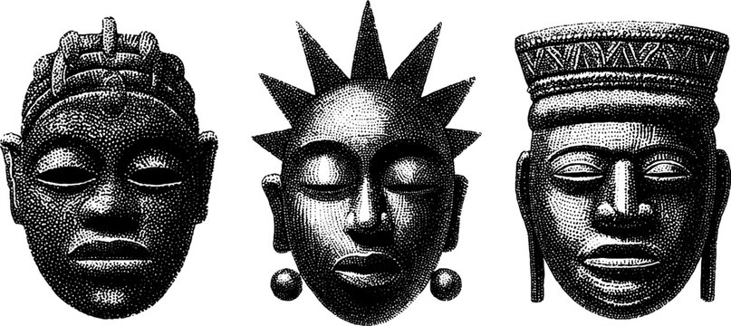 Intricate engraved illustration set of yoruba and igbo masks for cultural art designs