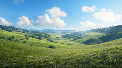 Lush Green Rolling Hills Landscape Under Blue Sky