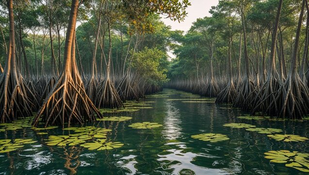 Showing channel winding through mangrove swamp, with aerial roots, lily pads and calm green water - Powered by Adobe