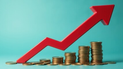 business calculates inflation red arrow with a percentage sign and a pile of coins, concept of higher inflation and more expensive food. Inflation and interest rate hikes.