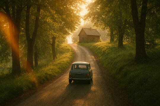 Fototapeta Vintage Car Climbing a Forest Hill Road Toward a Cabin at Sunset.