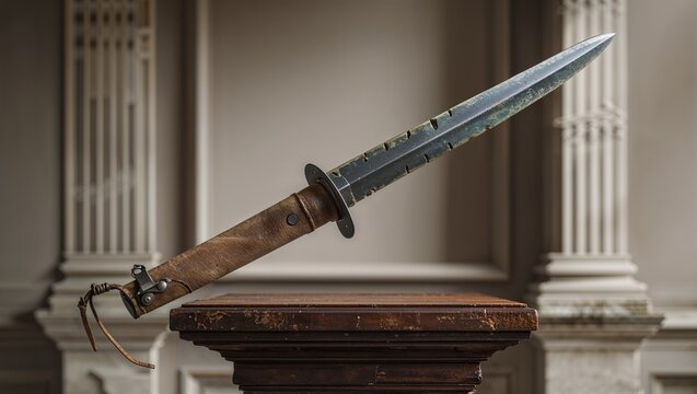 Displaying metal bayonet featuring angled notches on wooden display pedestal, with fluted columns - Powered by Adobe