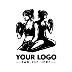 Strong athletic woman boxer in fighting stance wearing sportswear and boxing gloves, black and white cartoon vector illustration
