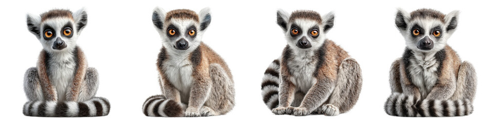 Four Cute Ring-Tailed Lemurs Sitting in a Row with Playful Expressions