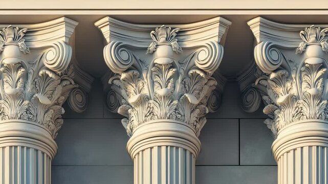 Three Ornate Corinthian Columns with Detailed Capitals, Architectural Detail of Classical Building, White Stone, Sunlight, Close-up