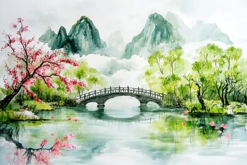 A Japanese traditional style depiction of a minimalistic mountain landscape created with watercolor brush, suitable for wallpaper, prints, or covers, presented as 3D artwork