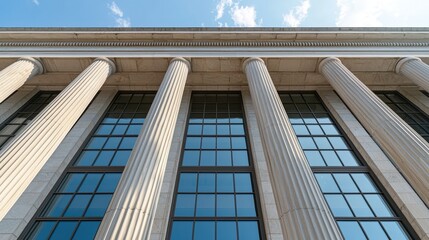 Low Angle View of Symmetrical Classical Court Building with Columns and Clear Blue Sky