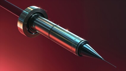 Displaying metallic injector device hovering in studio with red backdrop, with engraved markings