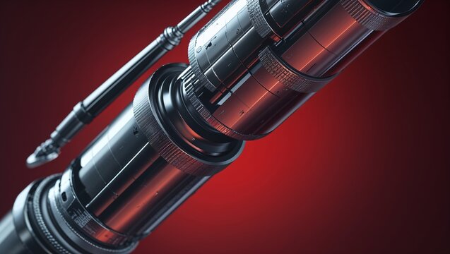 Displaying metal cylinder with knurled rings, etched scales and slender rod in red studio lighting - Powered by Adobe