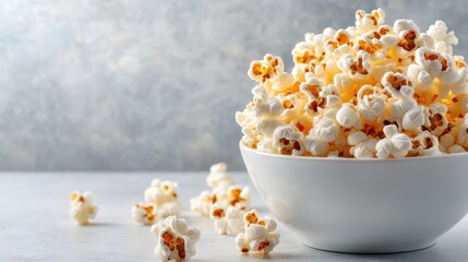 A close-up of a large white bowl filled with fluffy, fresh popcorn, showcasing its buttery texture and inviting appearance, ideal for movie nights or snack cravings.