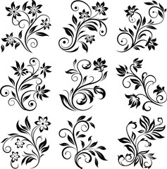 Elegant black floral swirl and floral stencil floral, swirl, design, designs, black, white, elegant, vintage, classic, flower, flowers, leaves, pattern, patterns, ornament, ornaments, decorative