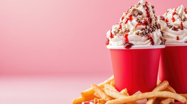 A tempting treat of soft-serve ice cream piled high in red cups sits atop golden French fries, blending sweet and savory tastes in a fun and colorful display.