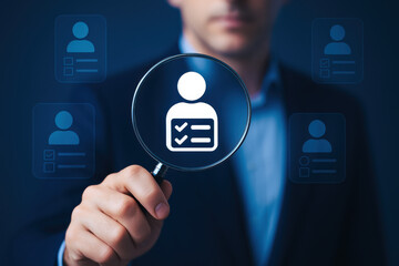 Analyzing profiles through a magnifying glass symbolizes evaluation and selection processes essential for effective business management and human resources