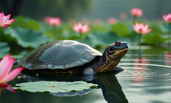 Yangtze Giant Softshell Turtle Surfacing in Lotus Lake with Ancient Ink Style

