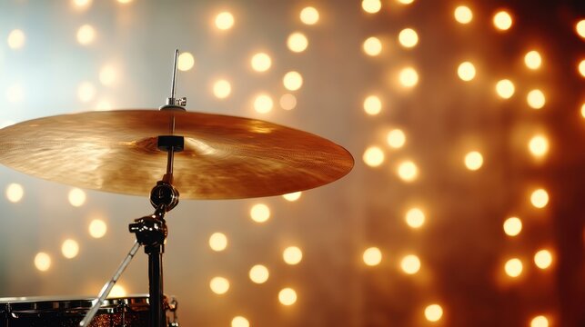 A close-up view of a cymbal beautifully contrasted against a background filled with glowing lights, evoking a sense of energy and excitement in music performance.