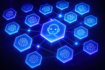 A network interconnected digital nodes demonstrates the data and artificial intelligence illustrating the future limitless communication and business innovation