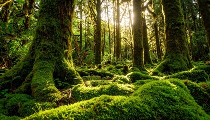 Fototapeta premium Magic beauty of green forest nature trees covered with moss