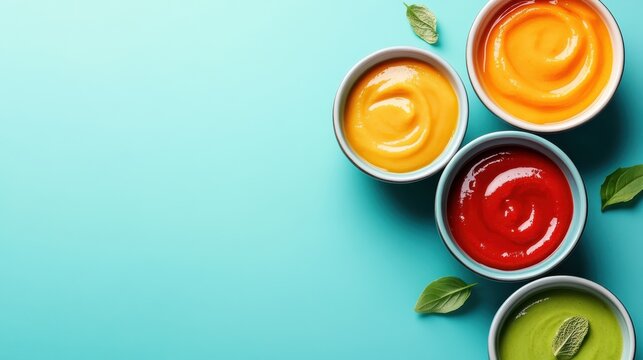 An appetizing display of four bowls containing vibrant sauces on a light blue background, emphasizing delicious flavors and culinary creativity perfect for food lovers.