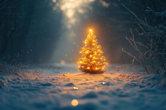 Bright light shines through snowy Christmas tree.