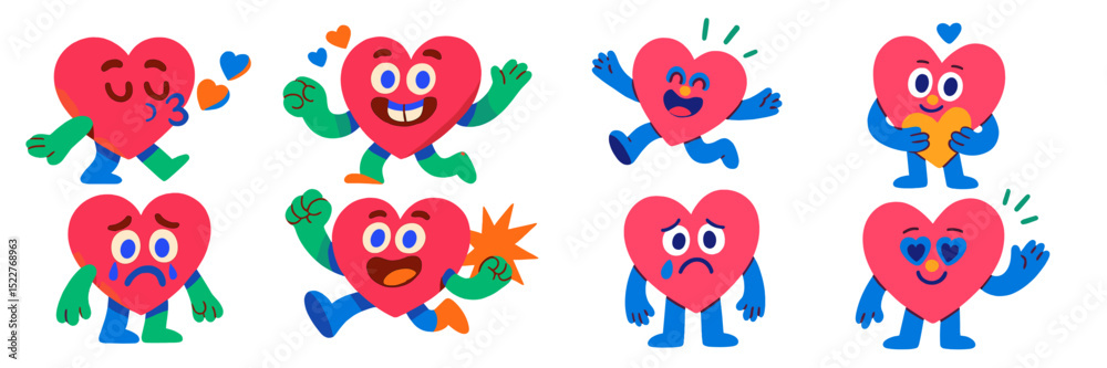 Poster Joyful and expressive heart characters showing various emotions in a colorful design suitable for children