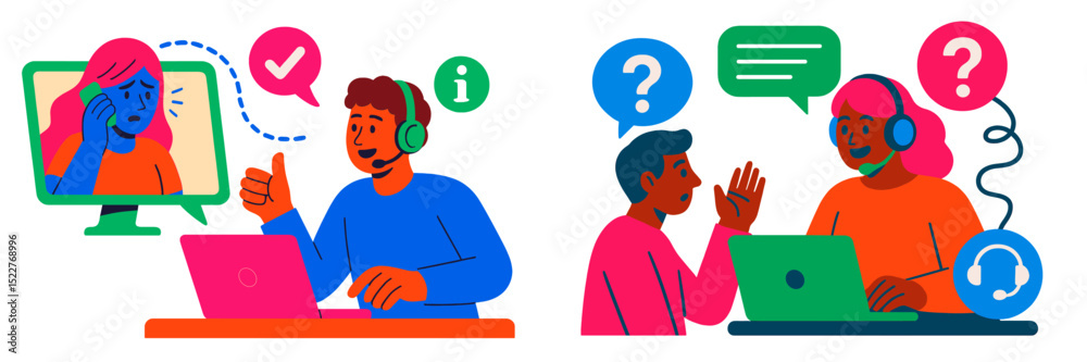 Poster Support agents assist customers through online chat and video call in a modern workspace setting