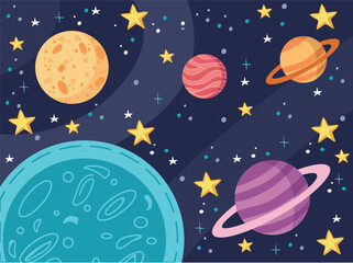 cartoon space background with colorful space with planets and stars