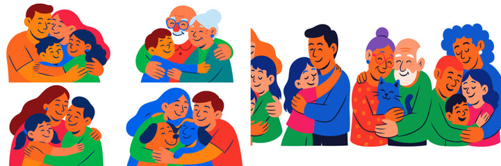Obraz premium Colorful illustrations of happy families embracing loved ones in joyful moments at home