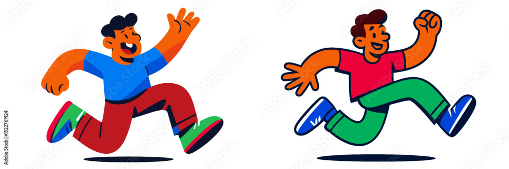 Aufkleber Two cheerful characters running together with enthusiasm in a colorful, animated style during daylight hours