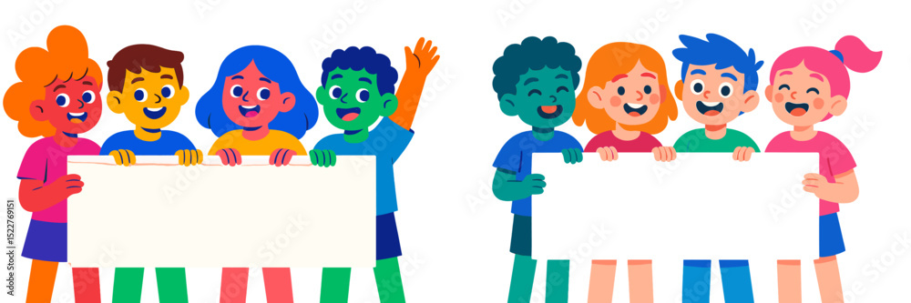 Poster group of happy children holding blank banners at a fun event in a colorful setting during daytime